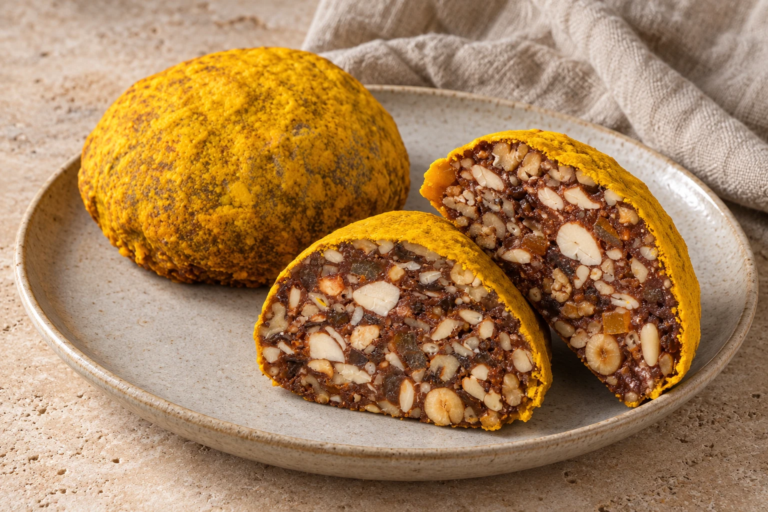 A whole saffron-coated pangiallo and two cut slices showing a dense nut and candied-fruit interior