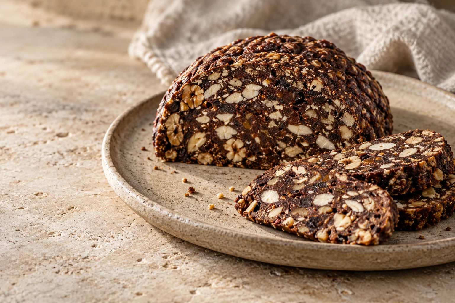A cut dark panpepato dome with dense nuts and candied fruit, beside overlapping slices
