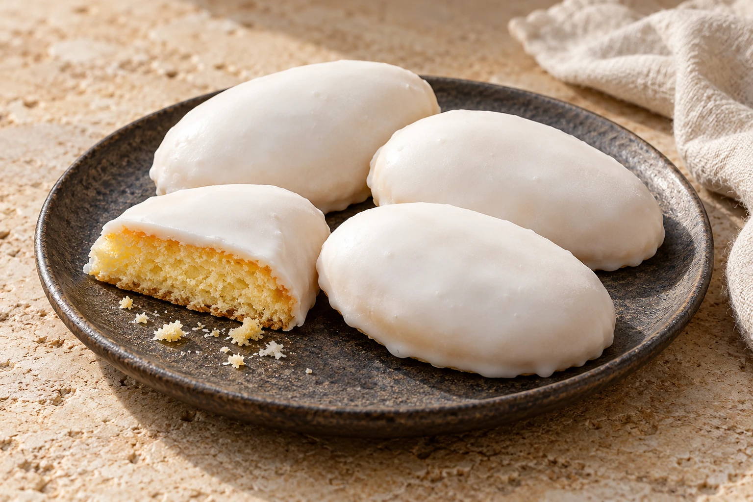 White-glazed oval raffioli with one cut cake showing yellow sponge on a dark ceramic plate