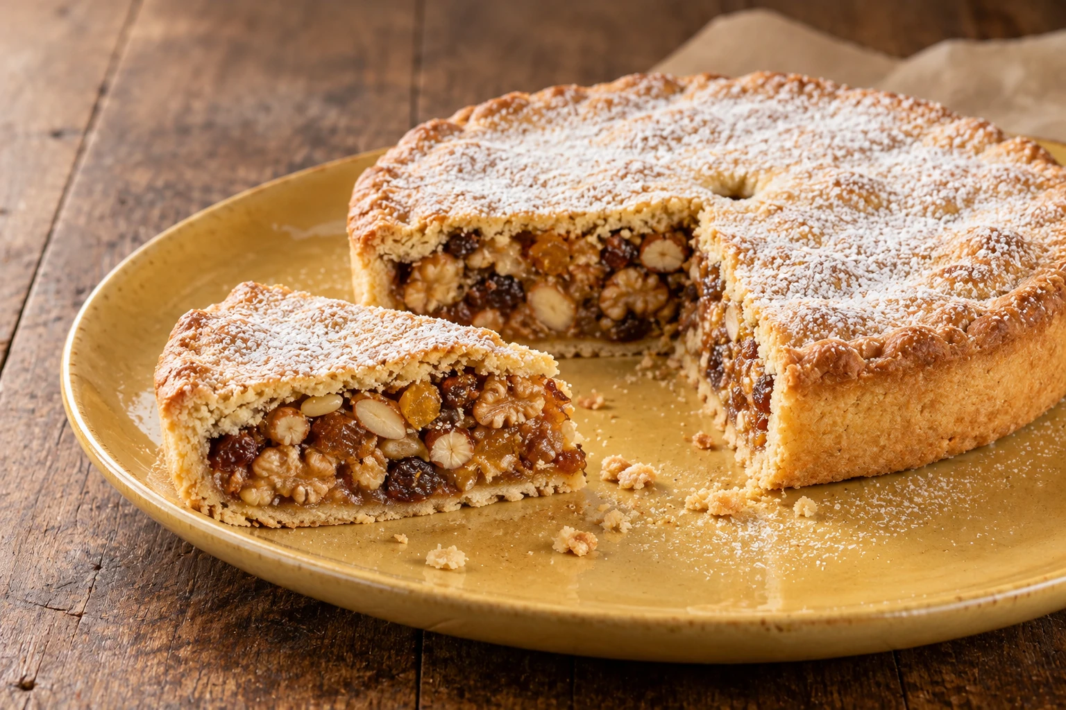 A golden enclosed spongata with a cut slice showing walnuts, almonds, raisins and candied citrus beneath a light icing-sugar dusting