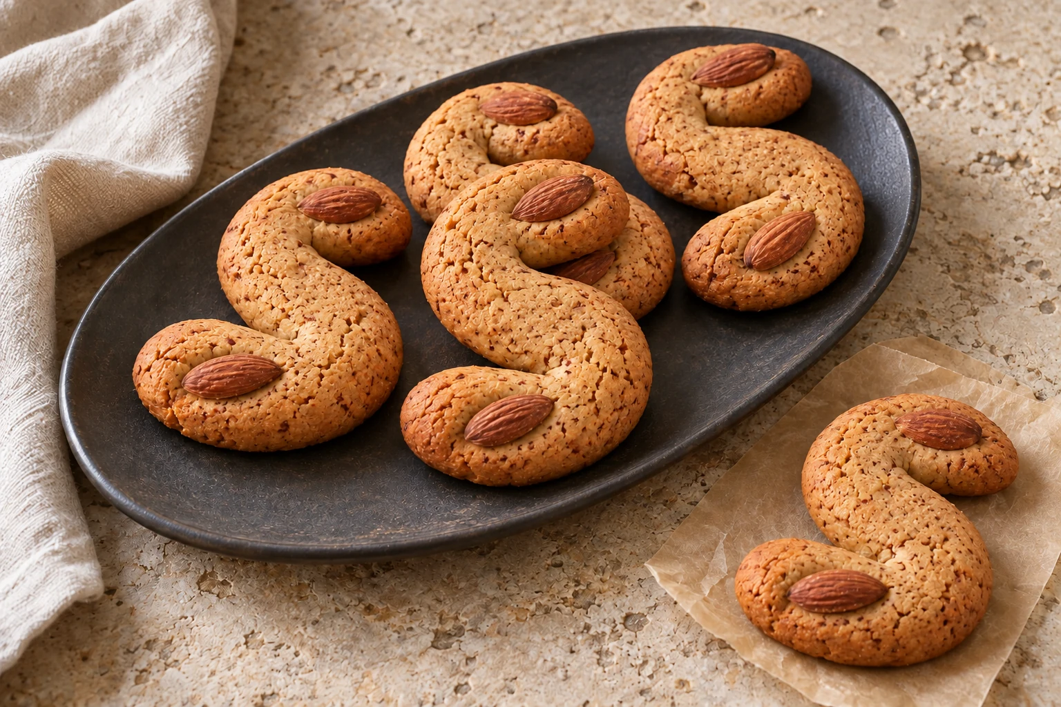 Golden S-shaped susamielli with whole almonds on a dark oval platter