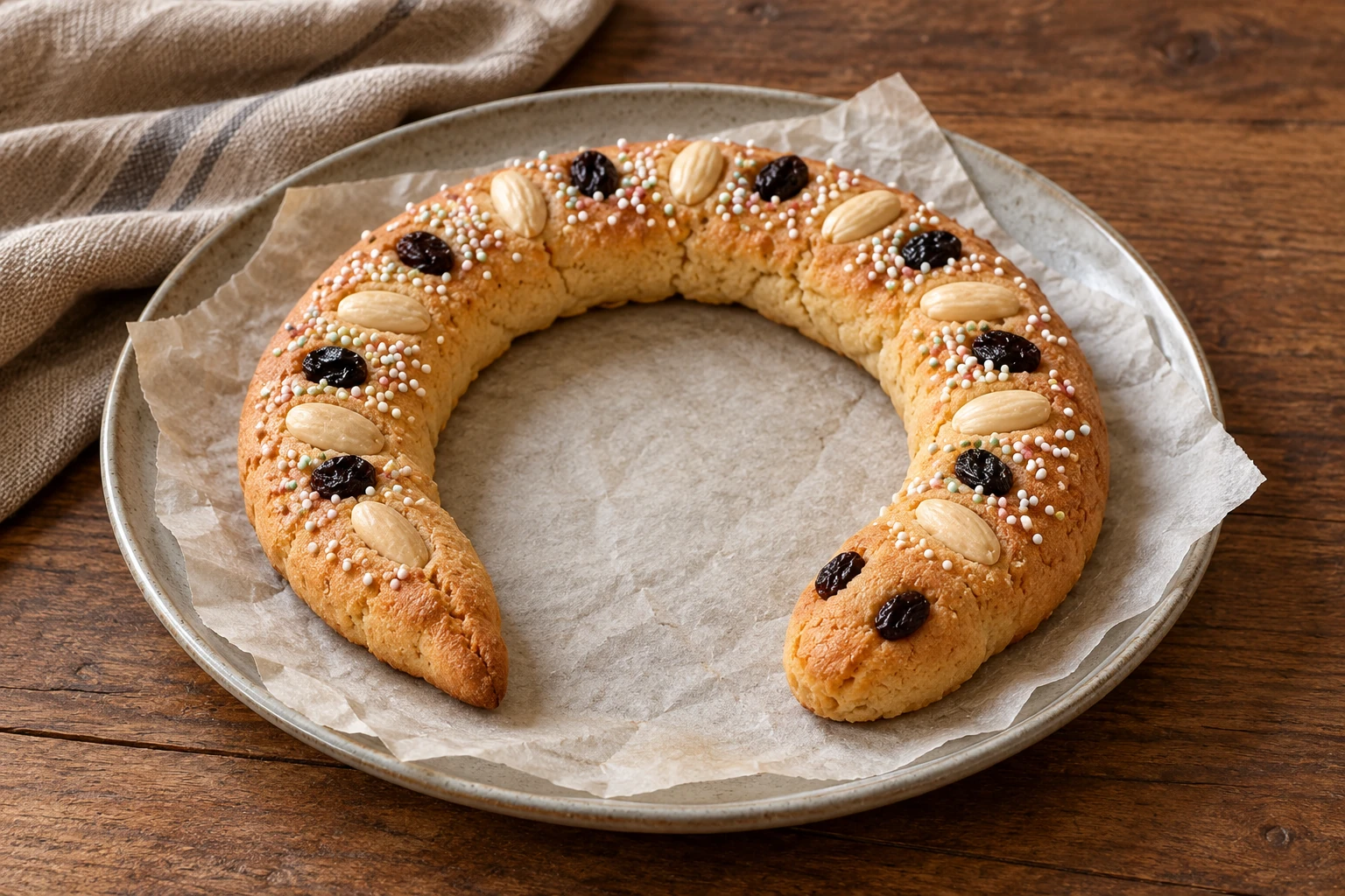 Open-coiled golden almond torciglione with blanched almonds, raisins and small coloured sprinkles