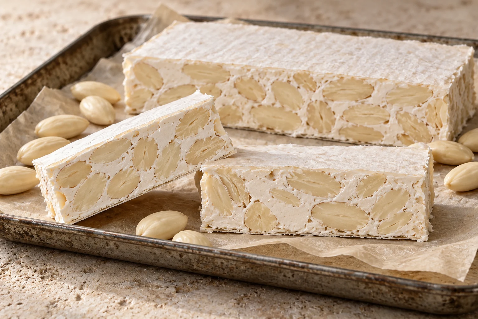 White almond torrone bars with thin wafer layers and visible cut almonds on a tray