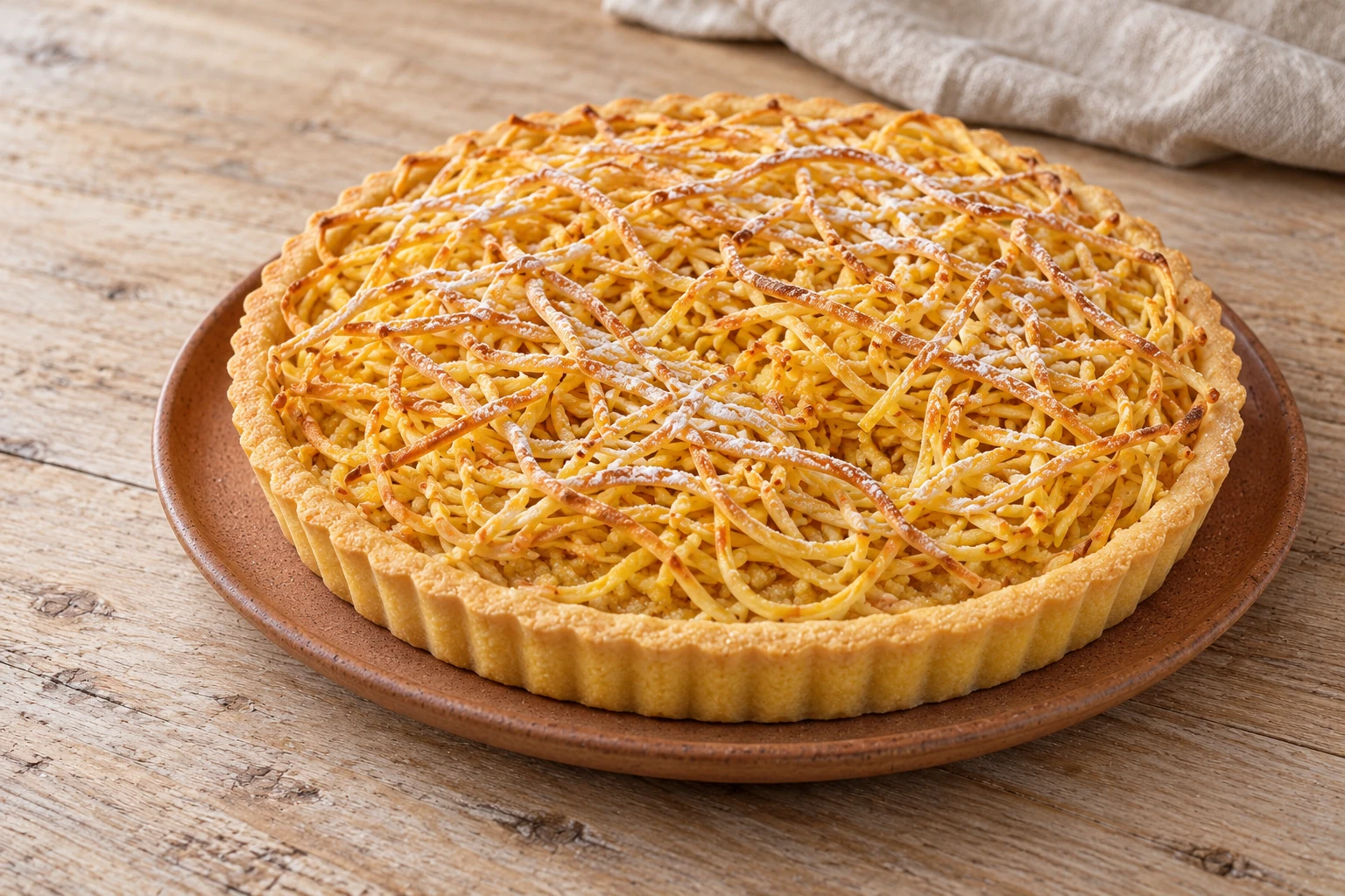 A shallow golden shortcrust tart covered with fine crisp egg-pasta strands and a light dusting of icing sugar