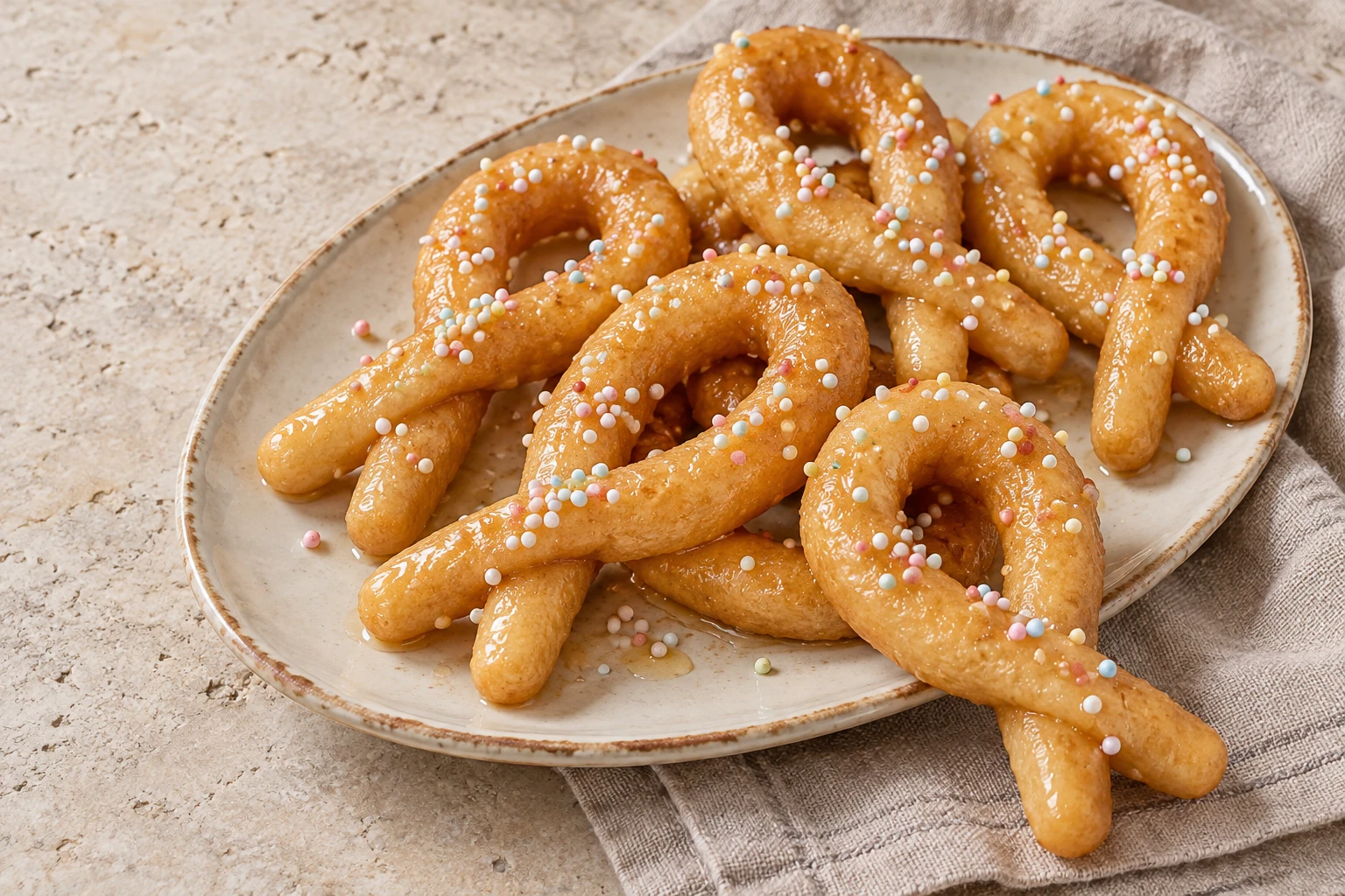 Golden loop-shaped Christmas zeppole with honey and small coloured sprinkles on an oval platter