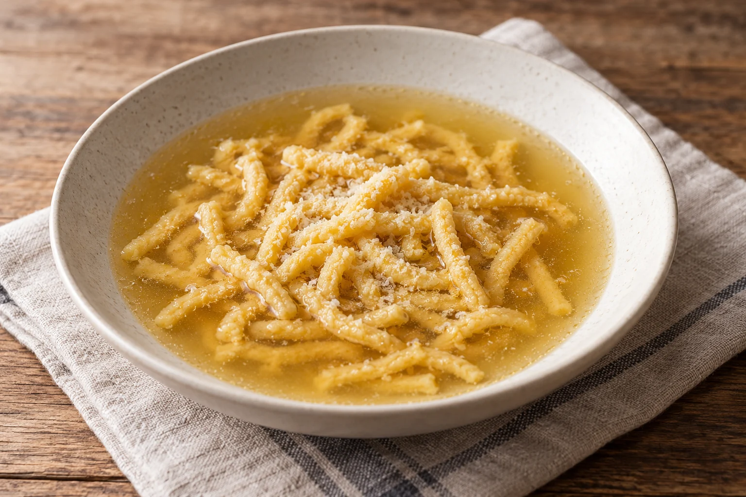Short rough passatelli with grated Parmigiano Reggiano in golden meat broth.
