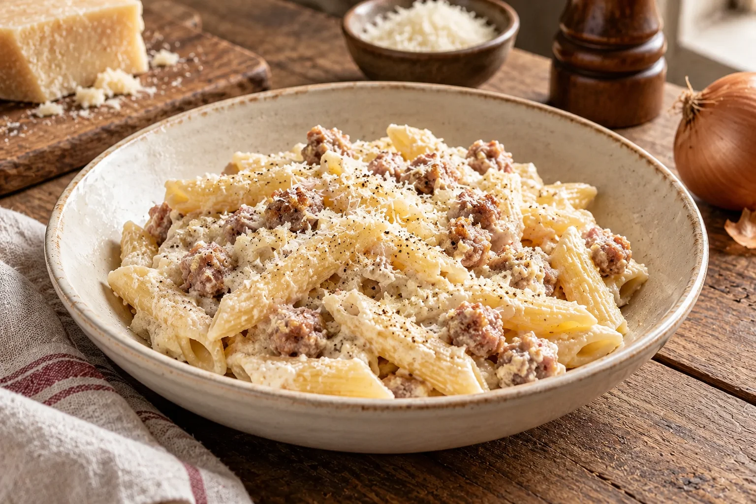 Penne with sausage, sheep’s-milk ricotta and grated cheese.