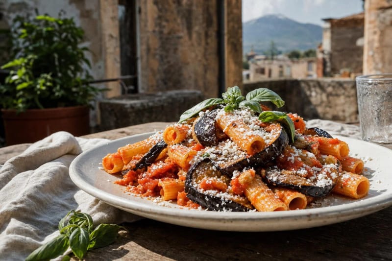 Pasta alla Norma on a terrace plate, rigatoni and bronzed fried eggplant under a snow of ricotta salata with basil, Etna hazy beyond the rooftops.