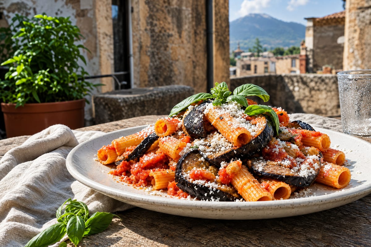 Pasta alla Norma on a terrace plate, rigatoni and bronzed fried eggplant under a snow of ricotta salata with basil, Etna hazy beyond the rooftops.