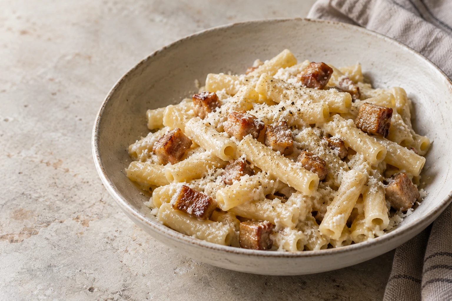 Short pasta with ricotta, browned pork ventresca and a dusting of cheese.