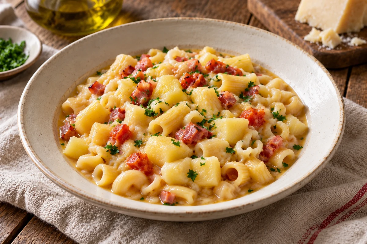 Pasta e patate with mixed short pasta, pancetta and Provolone del Monaco