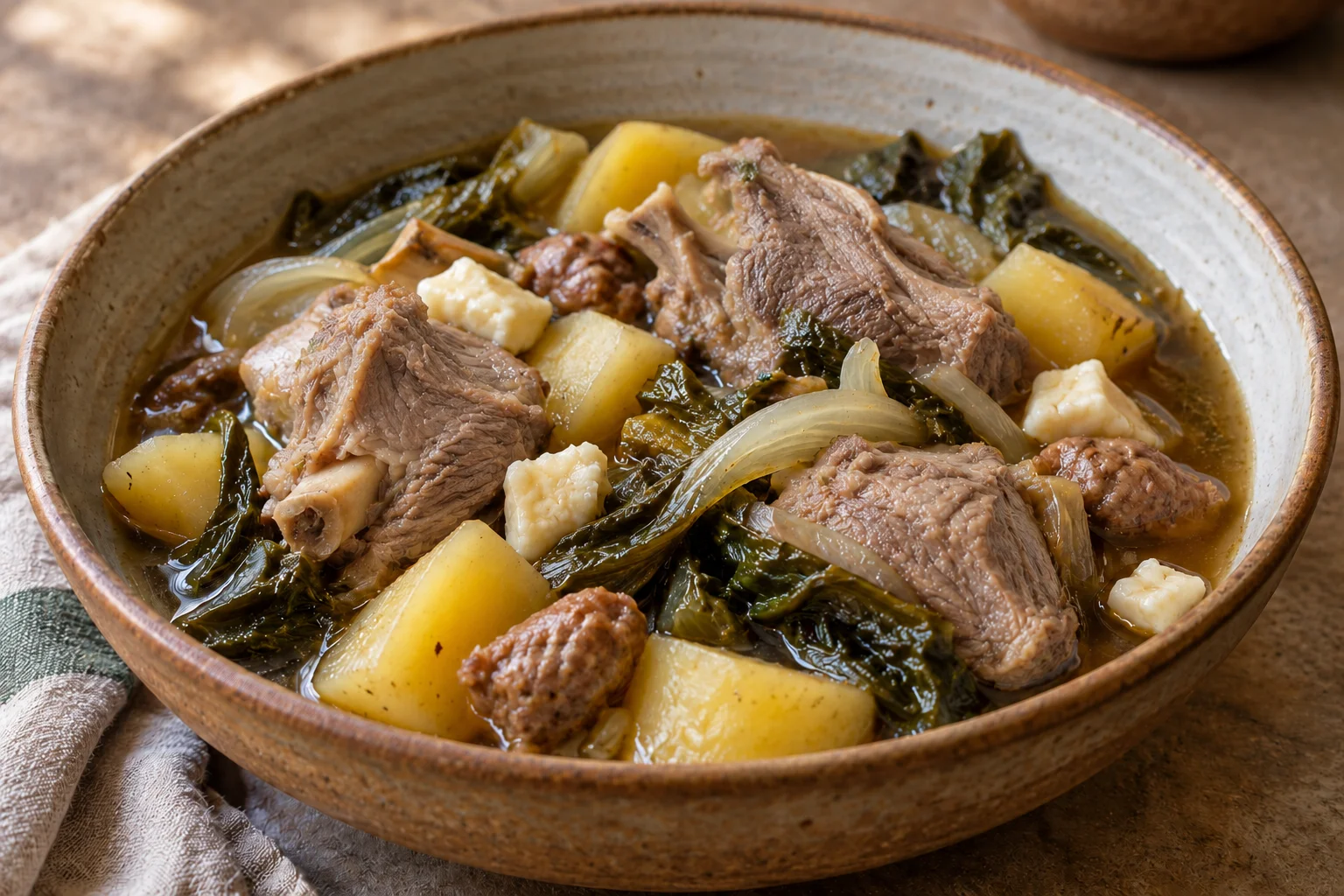 Pasturale sheep stew with potatoes, chicory and sausage in a deep bowl