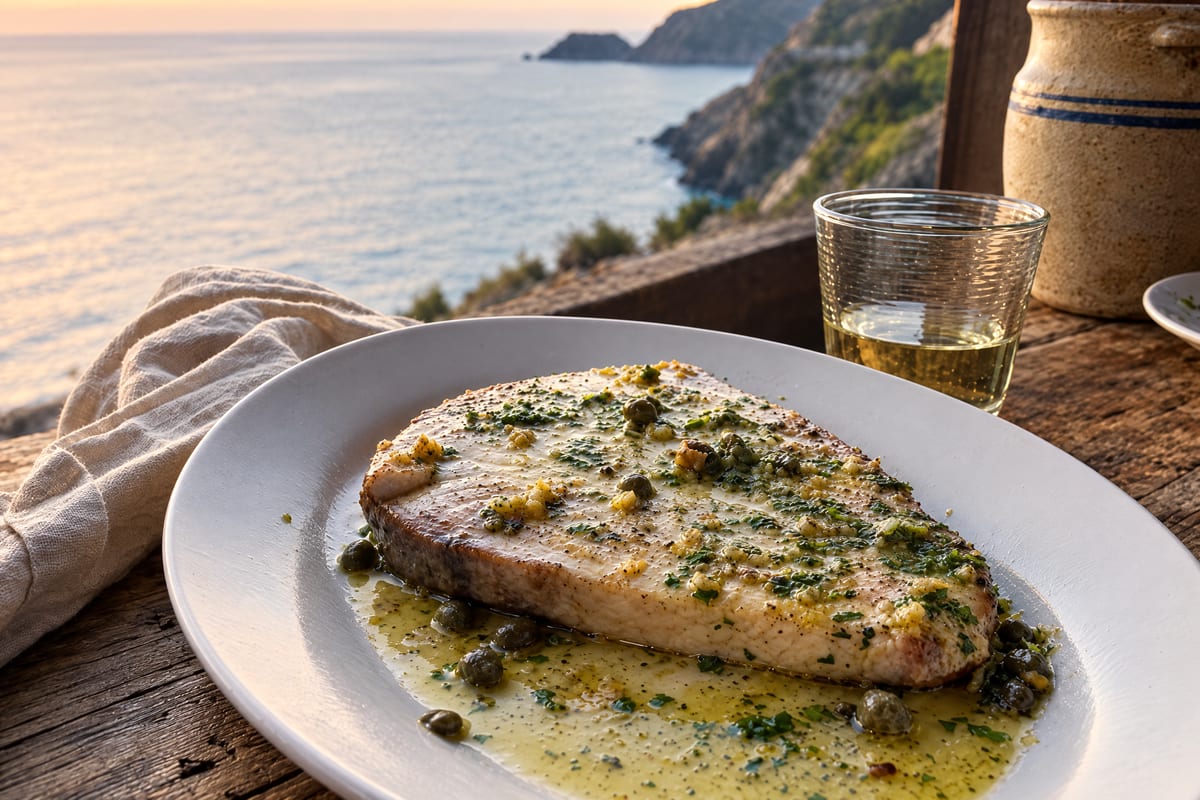 Pesce spada alla bagnarese, a pale golden pan-cooked swordfish steak under salmoriglio with capers and parsley, white wine and the Costa Viola at dusk behind.