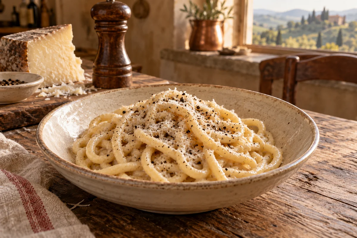 Round pici coated in Pecorino Toscano and black pepper sauce on a rustic ceramic plate.