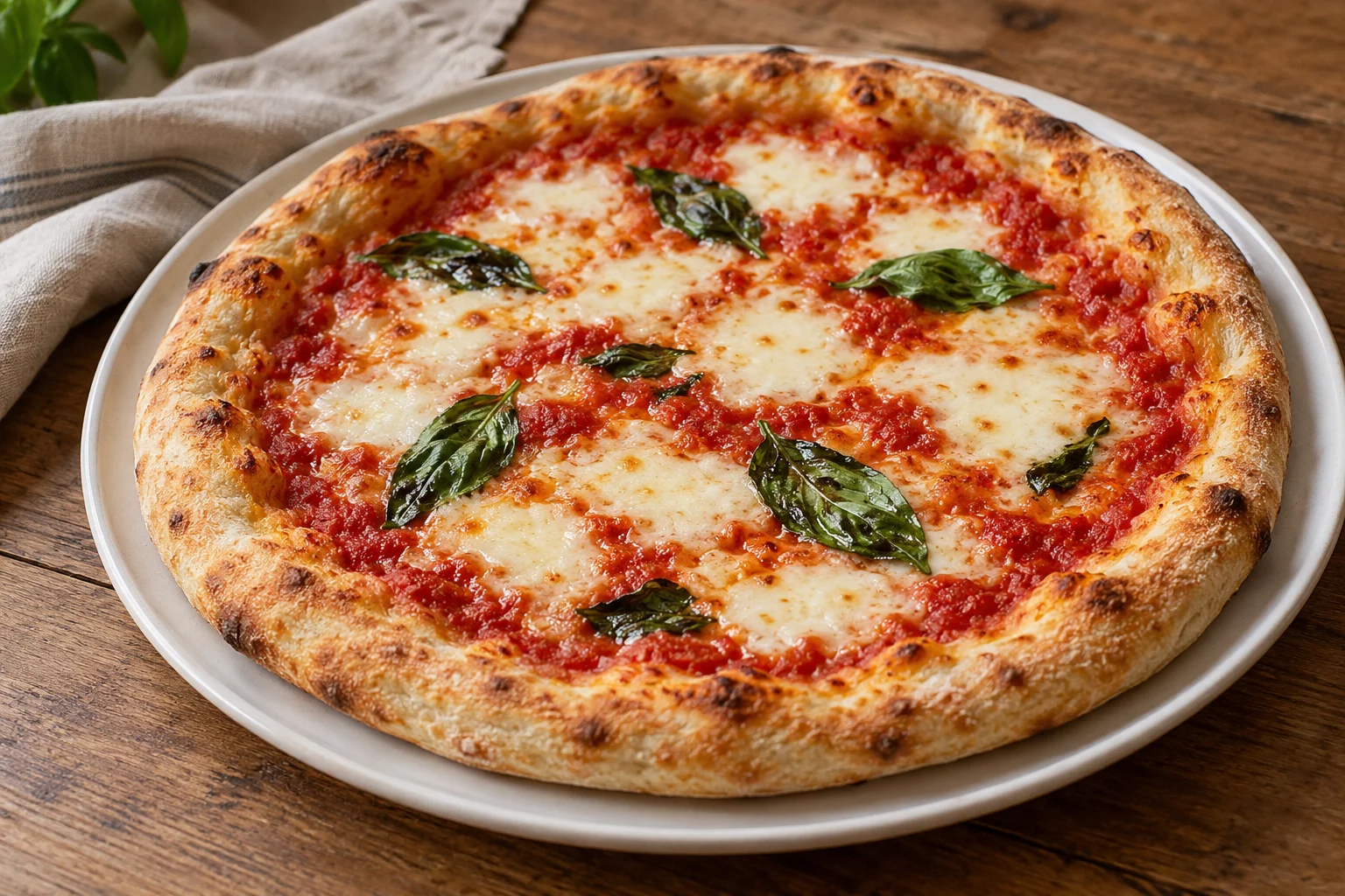 Margherita pizza with tomato, fior di latte and basil on a raised golden crust
