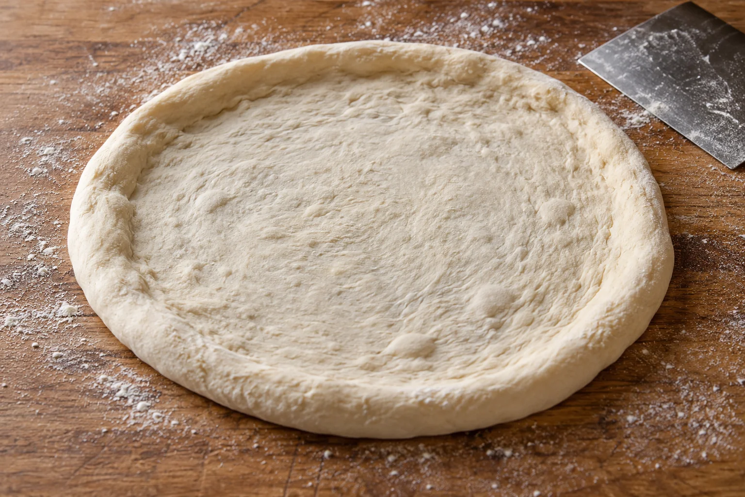 Stretched raw pizza base with a thin center and a thicker untouched rim