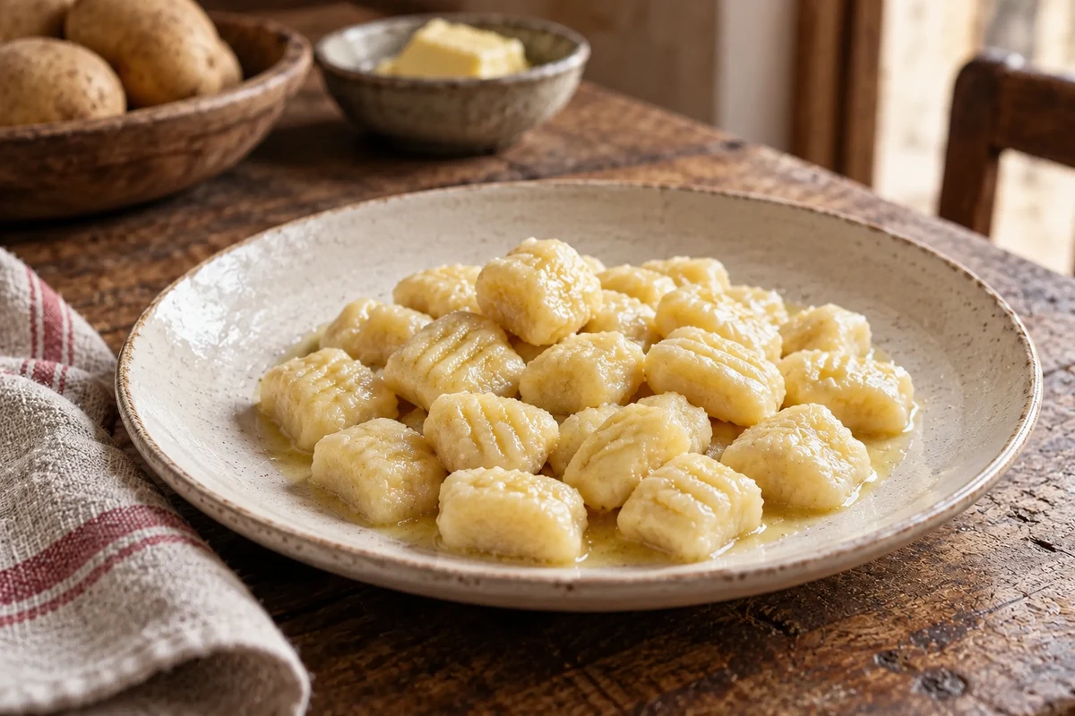 Fork-ridged potato gnocchi lightly dressed with melted butter.
