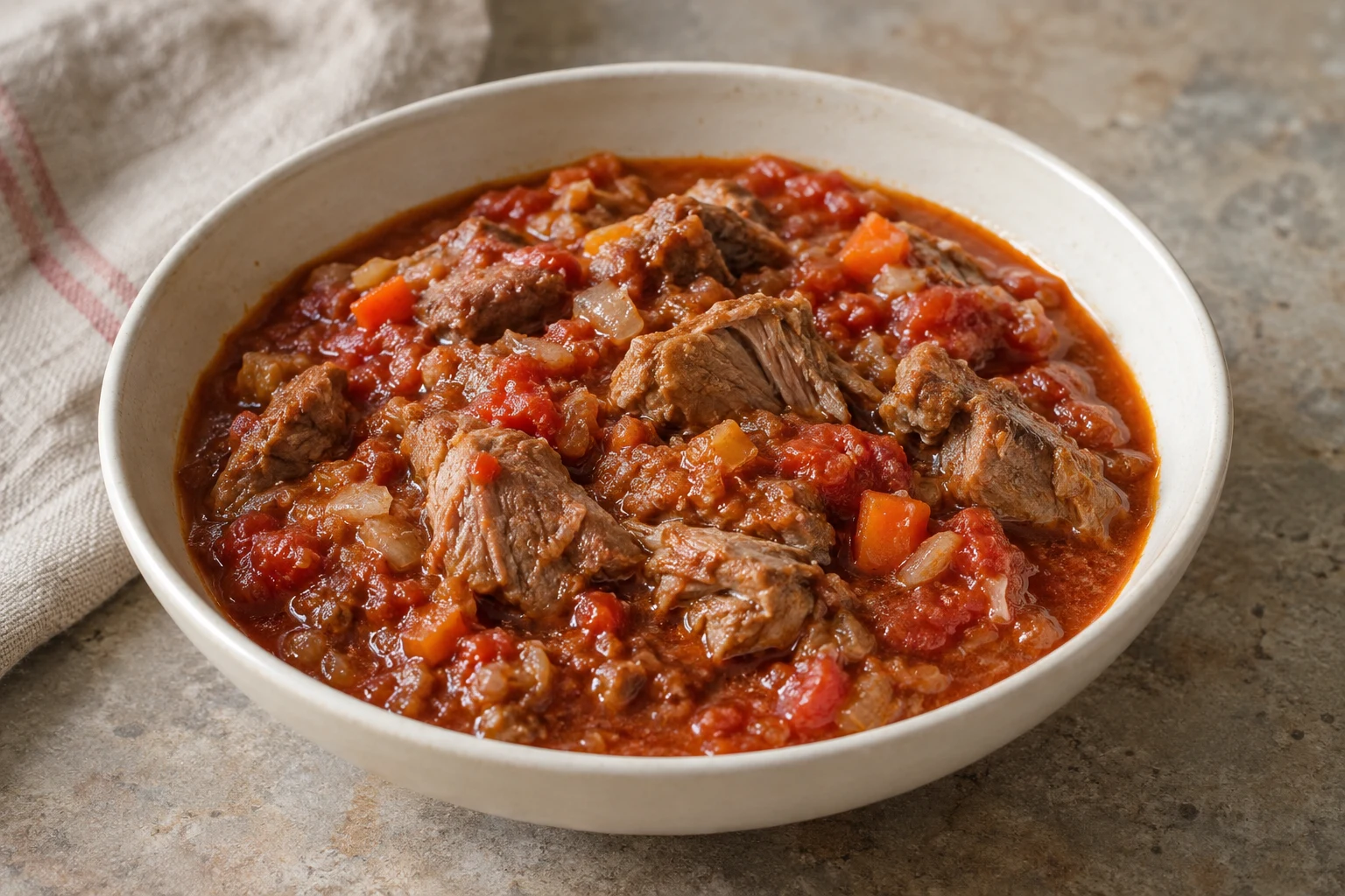 Tender sheep-shoulder chunks in tomato sauce in a shallow bowl.