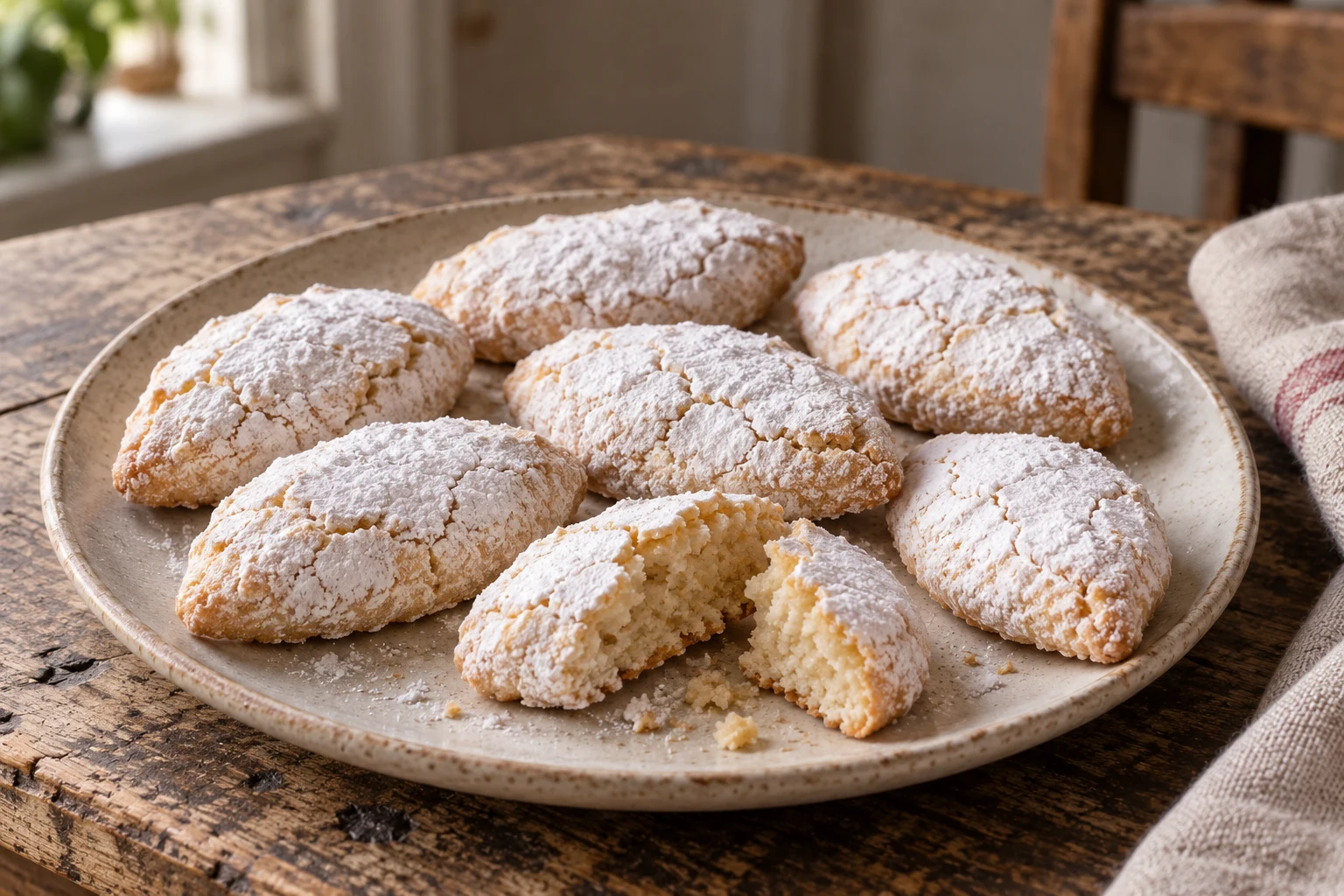 Sugar-dusted almond ricciarelli on a ceramic plate, with one broken open.