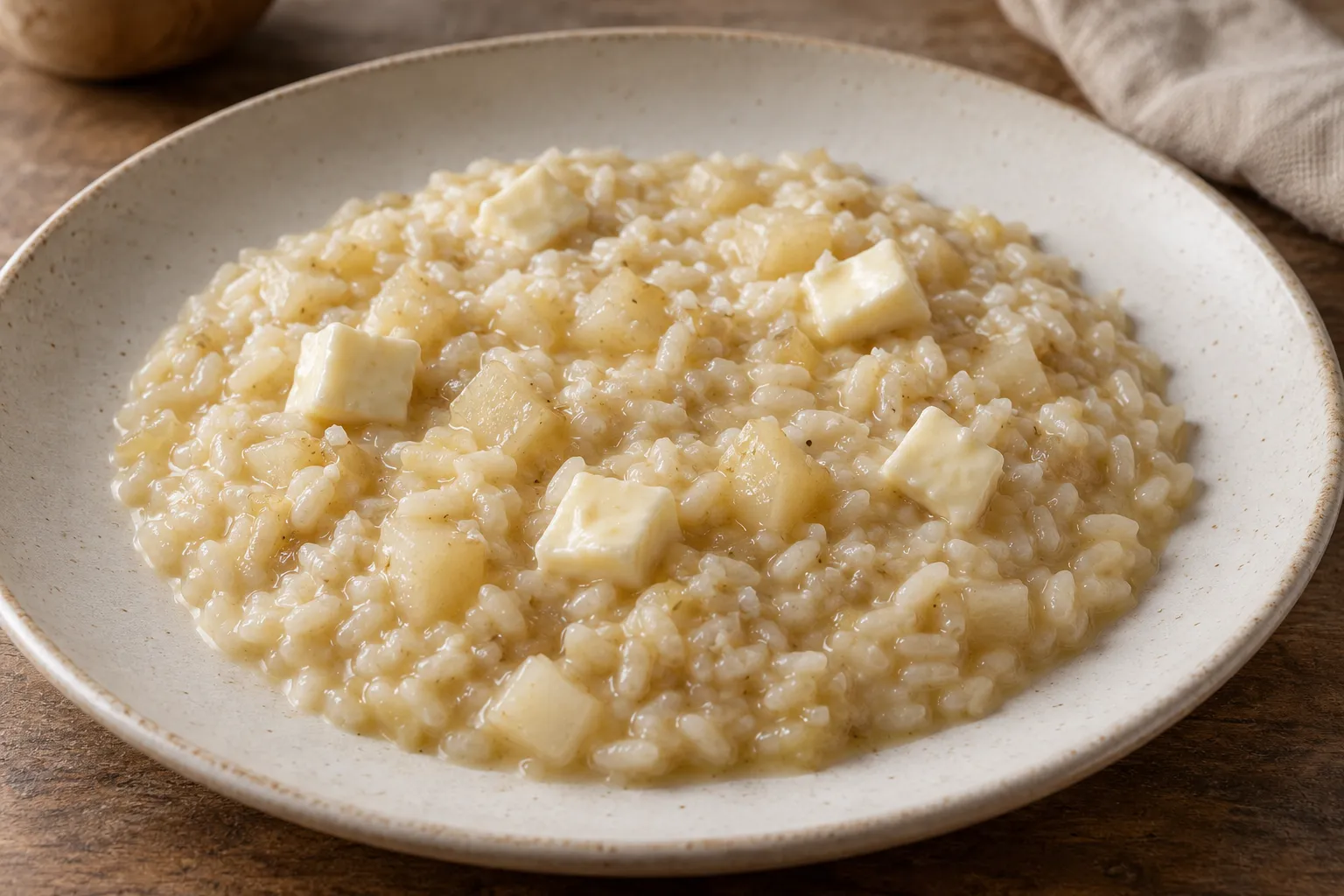 Pannerone and pear risotto finished with a few small cheese cubes.
