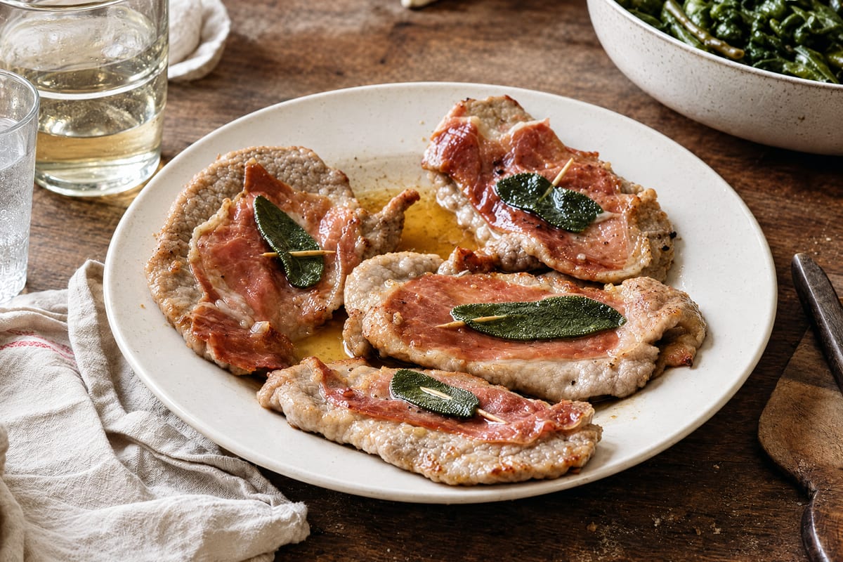 Saltimbocca alla romana on a white plate, flat veal cutlets each pinned with prosciutto and a sage leaf in a thin pan glaze, green beans behind.