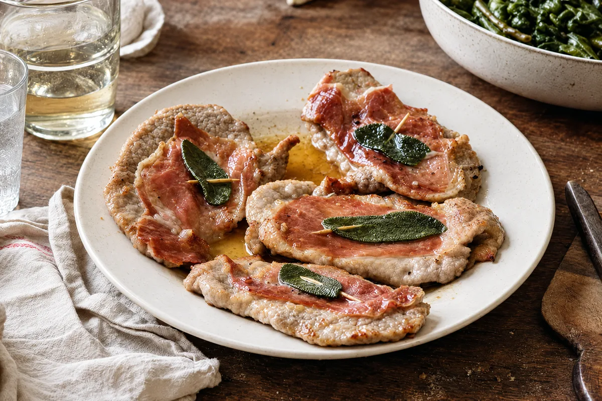 Saltimbocca alla romana on a white plate, flat veal cutlets each pinned with prosciutto and a sage leaf in a thin pan glaze, green beans behind.