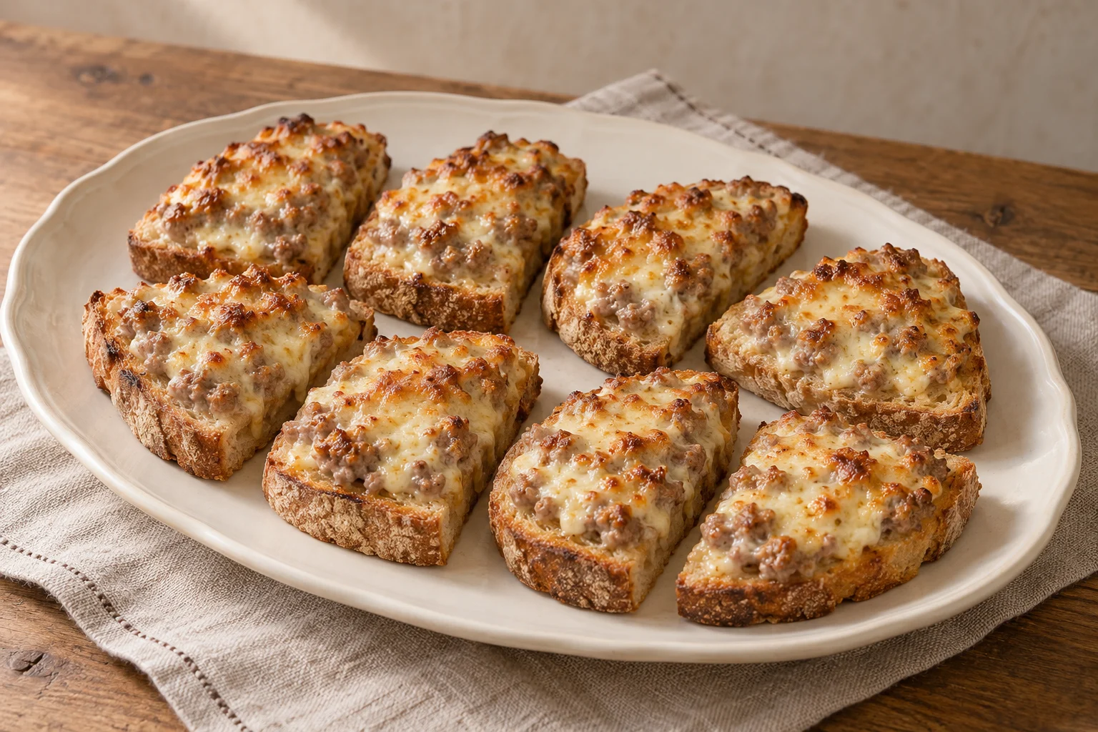 Eight country-bread crostini with a golden sausage and stracchino topping.
