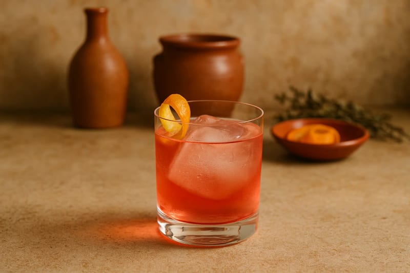 A Sbagliato Rosato in a rocks glass over one large clear ice cube, coral pink with a curled orange twist and terracotta jars softening the background.