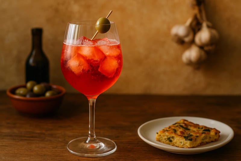 A Select Spritz in a stemmed glass over ice, the Venetian aperitivo ruby red with a green olive on a pick, served beside a bowl of olives and a slice of frittata.