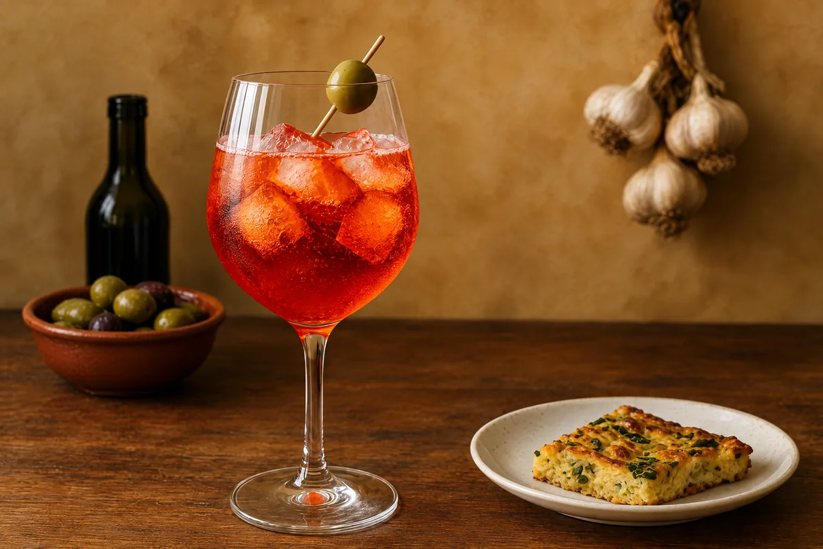 A Select Spritz in a stemmed glass over ice, the Venetian aperitivo ruby red with a green olive on a pick, served beside a bowl of olives and a slice of frittata.