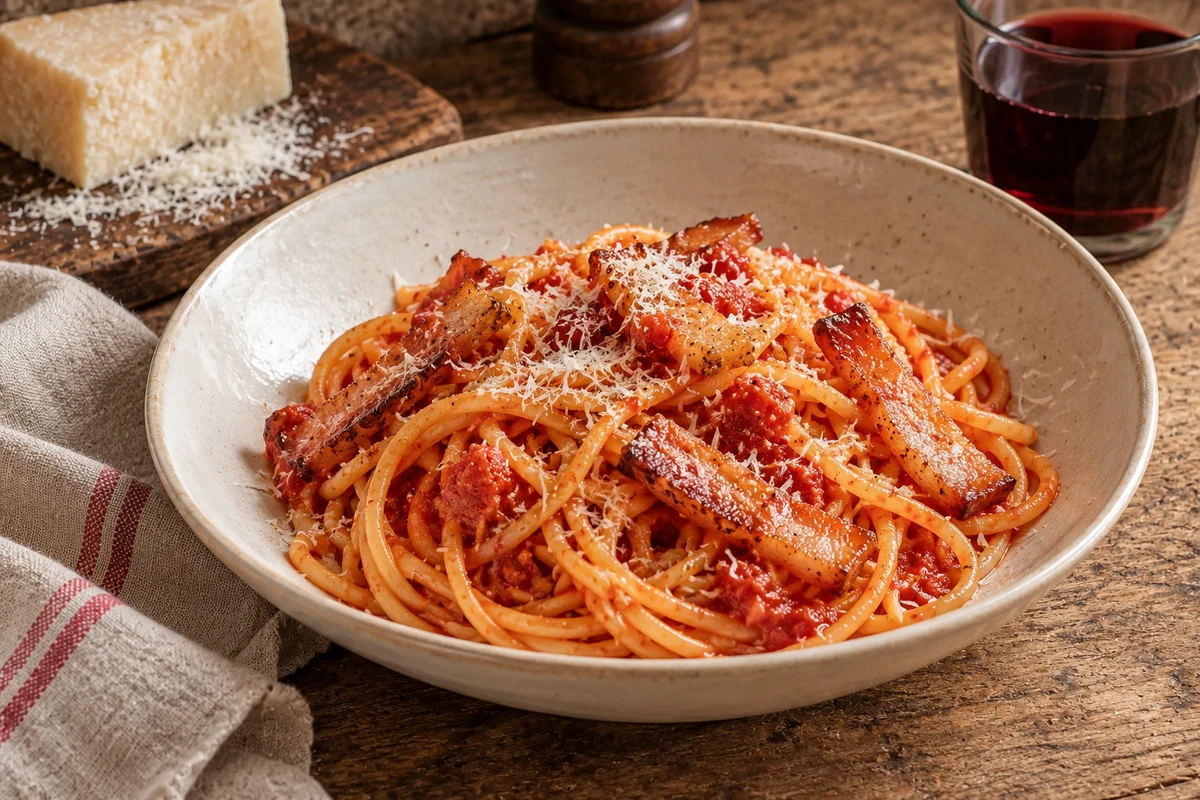 Spaghetti all’amatriciana with tomato sauce, guanciale and grated pecorino