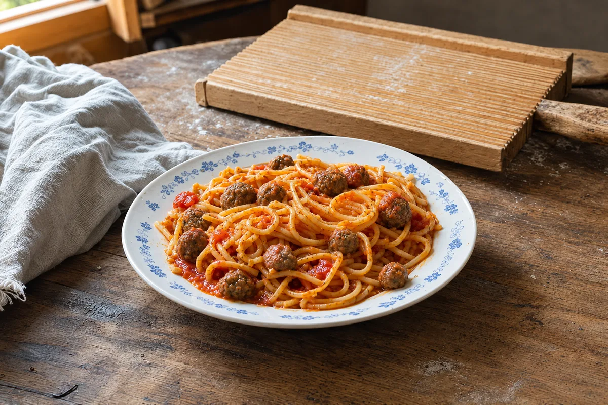 Spaghetti alla chitarra con polpettine on a blue-patterned plate, square-cut strands and marble-sized meatballs in tomato sauce, the wooden chitarra behind.