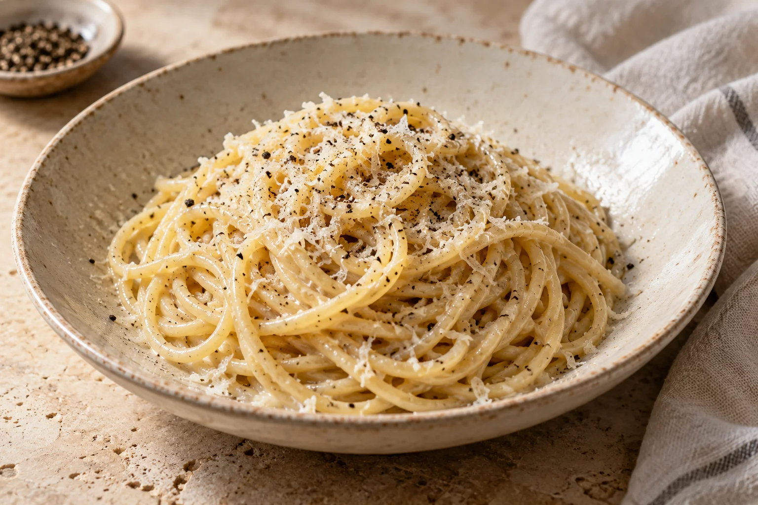 Spaghetti cacio e pepe with grated pecorino and black pepper
