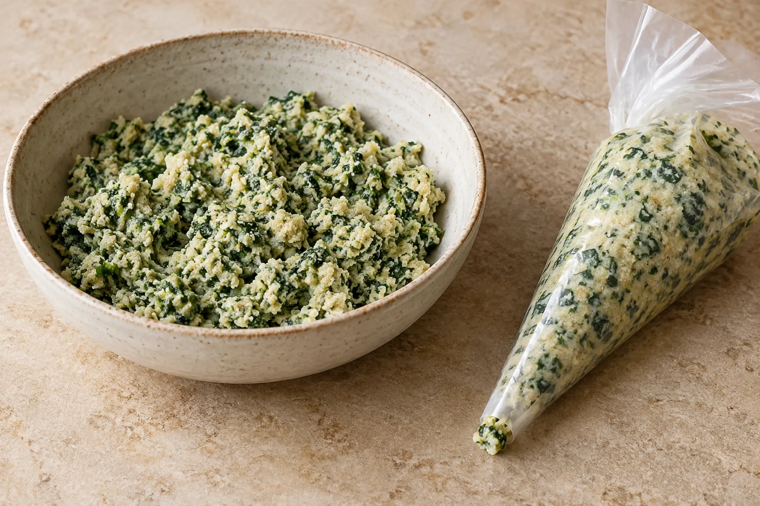 Bread-and-spinach dumpling mixture in a bowl and a filled piping bag with a plain opening