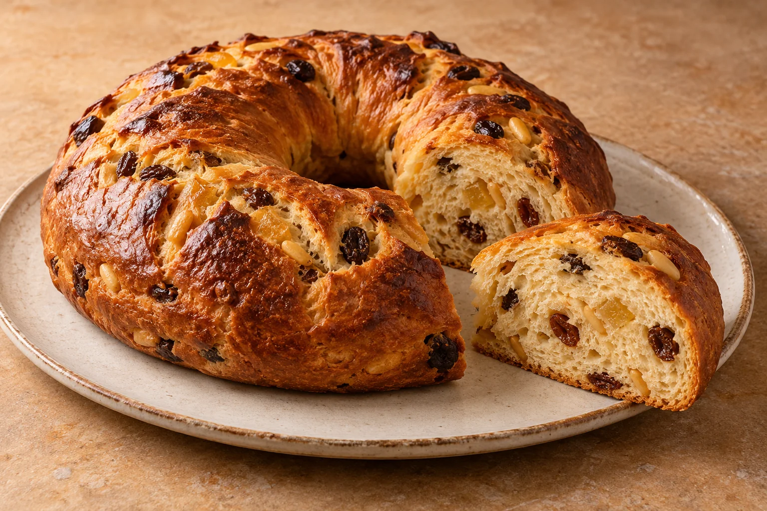 Torcolo di San Costanzo with raisins, pine nuts, and candied citron.