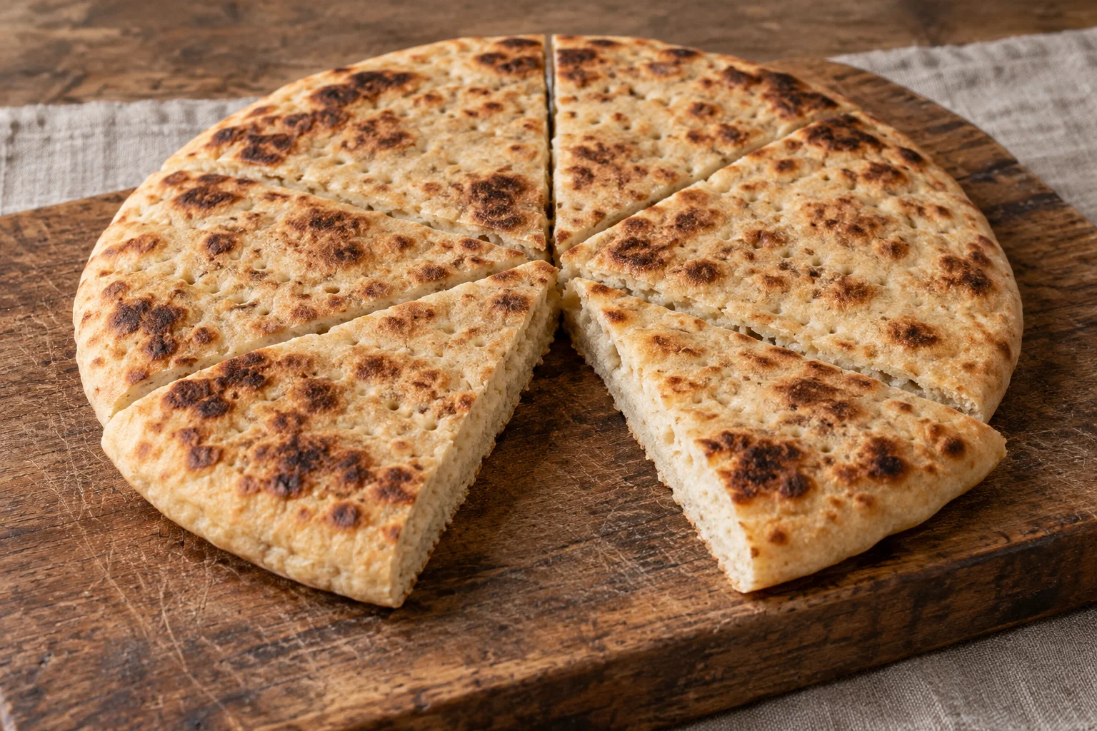 Unfilled torta al testo cut into wedges on a wooden board