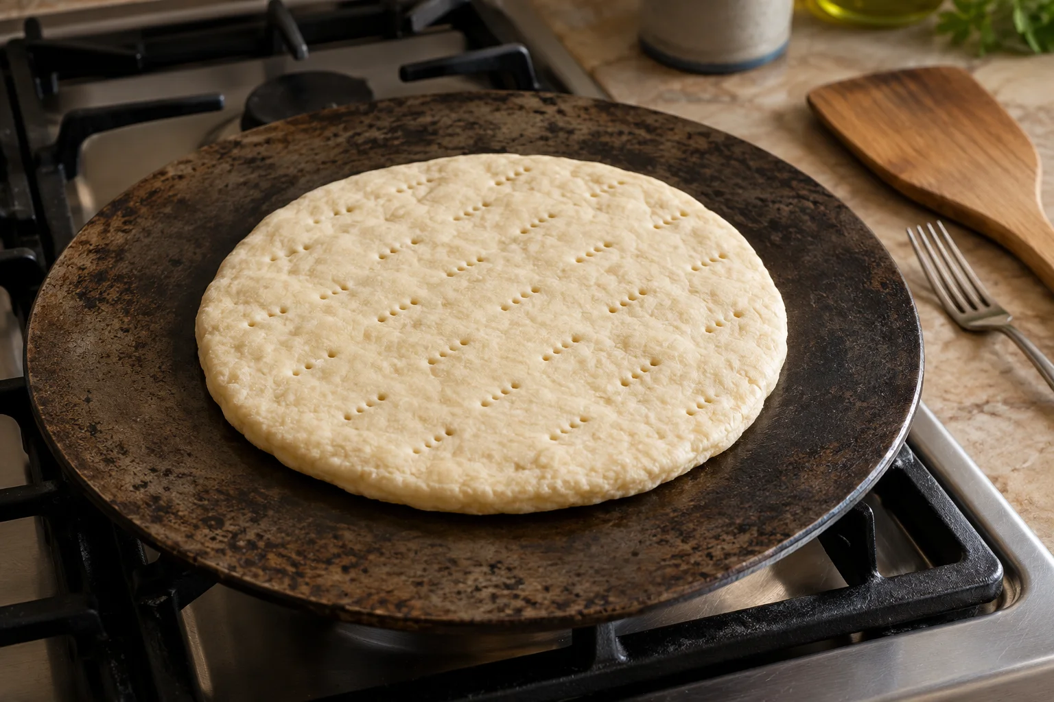 Fork-docked torta al testo resting directly on a flat metal griddle