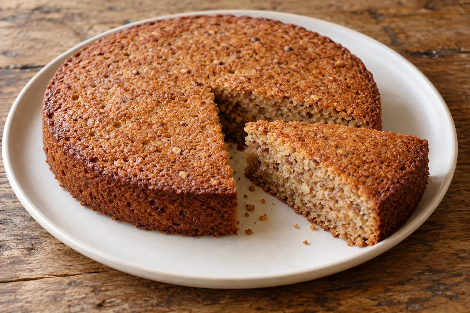 Golden hazelnut cake with a wedge cut from the round cake
