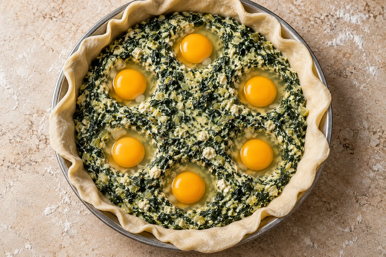Six raw eggs in separate wells in an unbaked torta pasqualina.