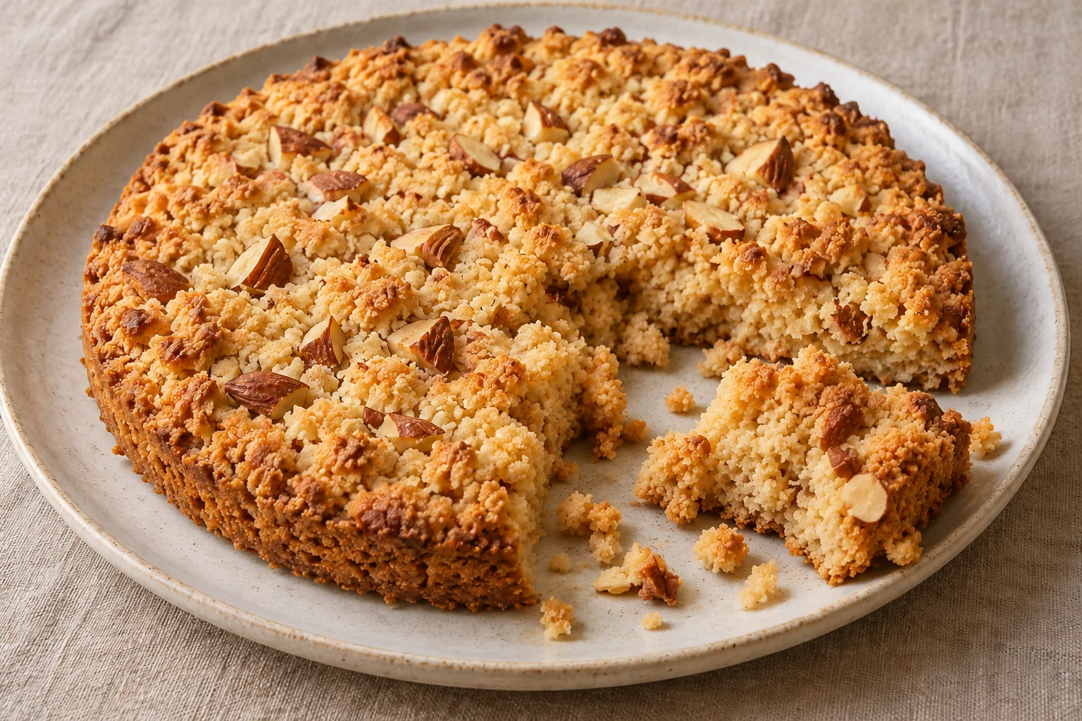 Rough almond sbrisolona with a broken piece showing the crumb