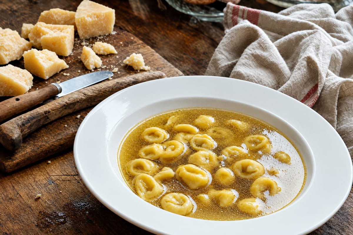 Tortellini in brodo in a white rimmed bowl, small hand-folded pasta floating in clear golden capon broth, chunks of Parmigiano on the board behind.