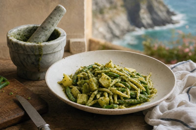 Trofie al pesto genovese with potato and green beans in a speckled bowl, a marble mortar of pesto beside and the Ligurian coast falling away outside.