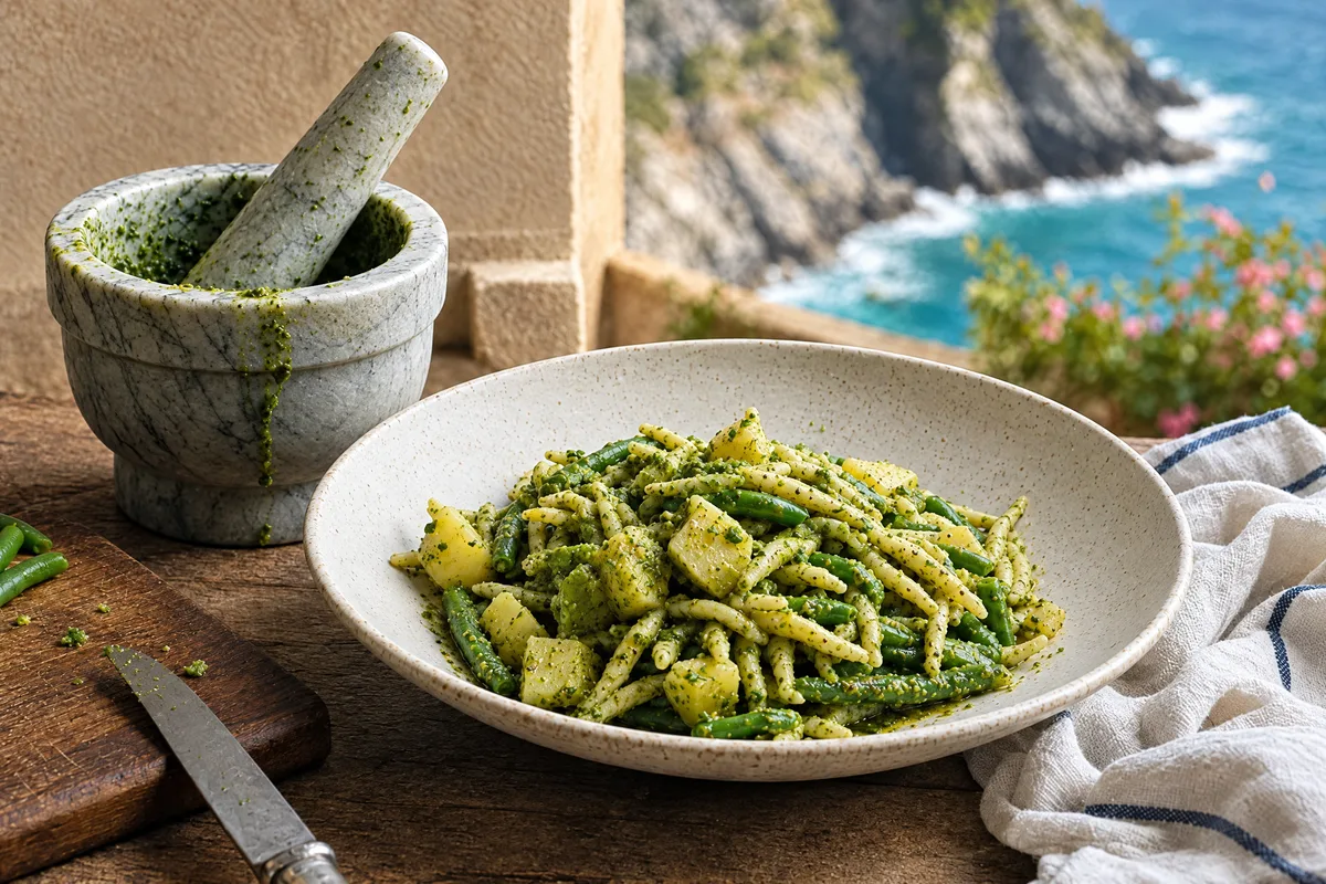 Trofie al pesto genovese with potato and green beans in a speckled bowl, a marble mortar of pesto beside and the Ligurian coast falling away outside.