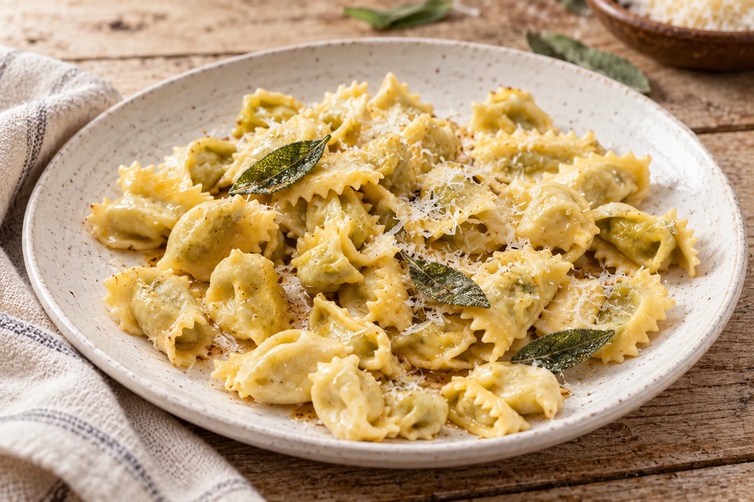 Small pinched agnolotti del plin with butter, sage and finely grated cheese.