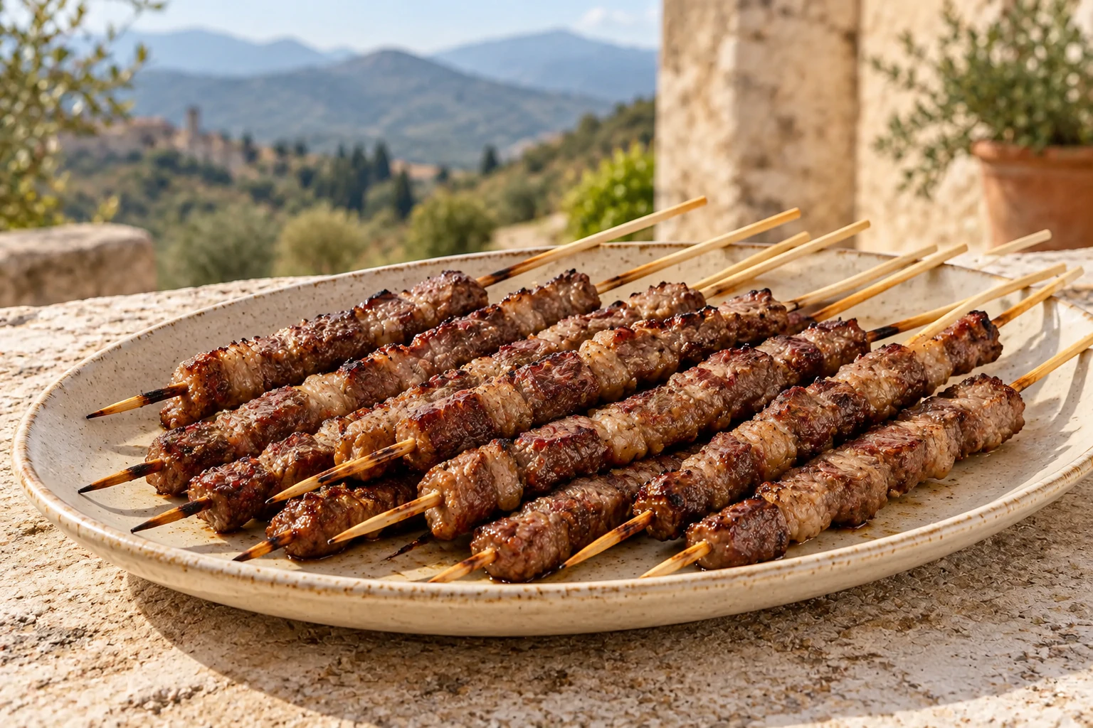 Grilled arrosticini with small cubes of lamb on wooden skewers.