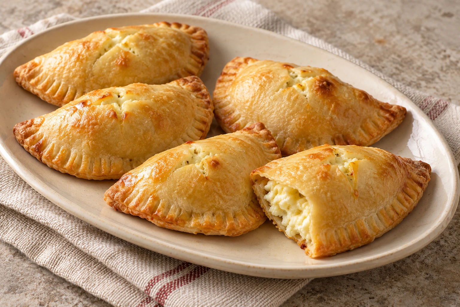 Golden fiadoni with fork-sealed edges, cross vents and a pale cheese filling.