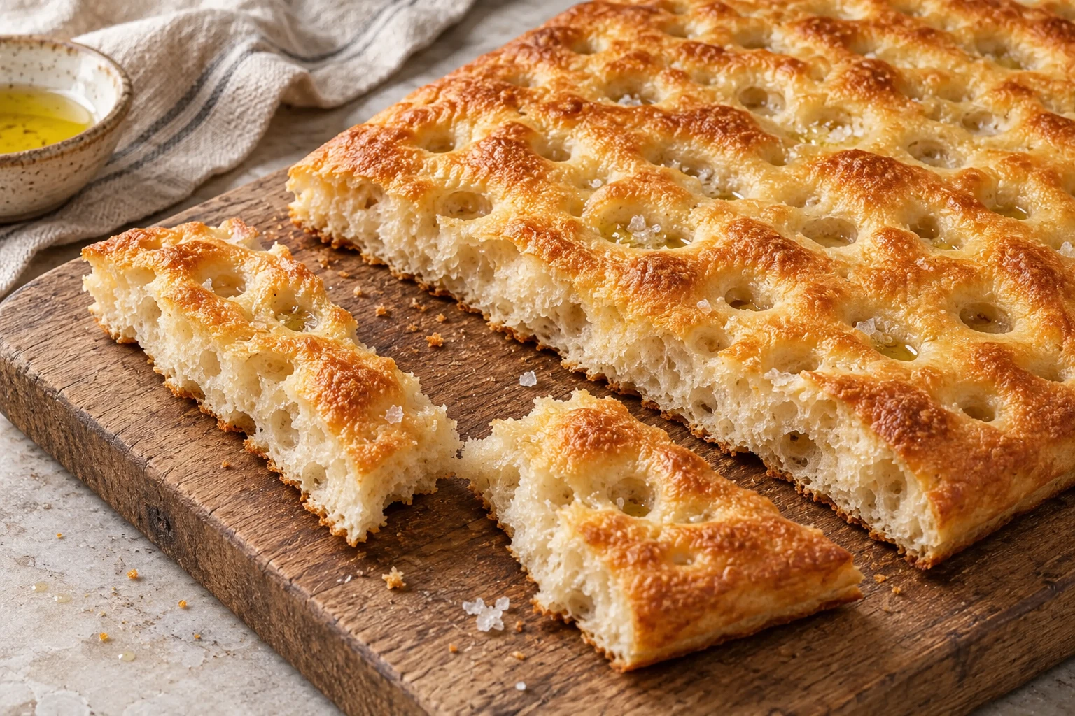 Plain focaccia genovese with olive-oil dimples, sea salt and an airy crumb.