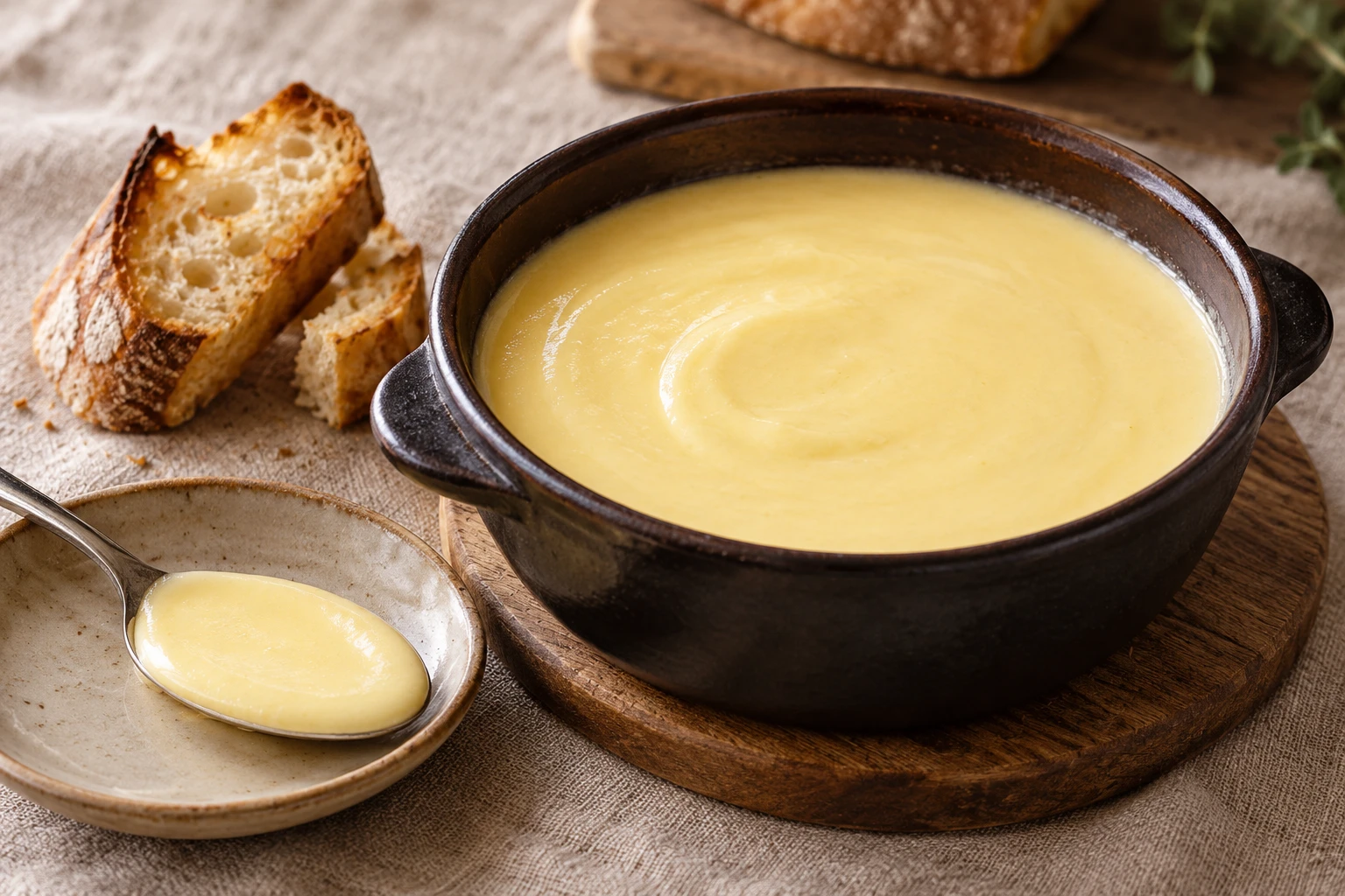 Smooth fonduta valdostana in an earthenware pot with toasted bread.