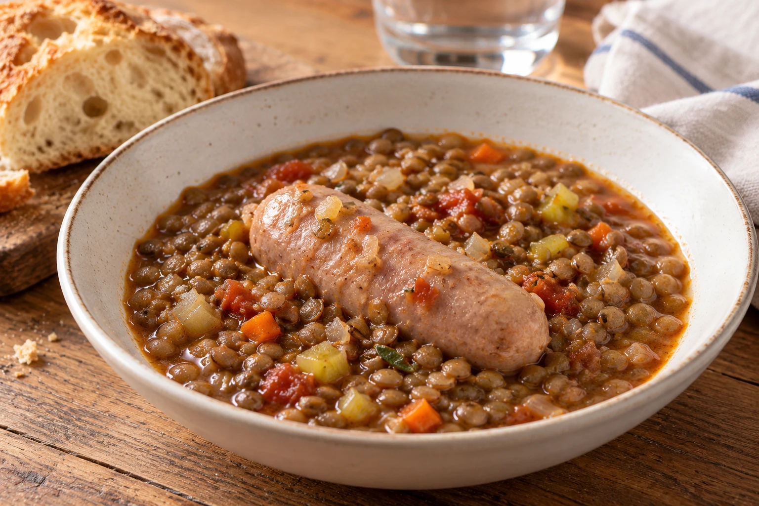 Stewed Castelluccio lentils and vegetables with a gently simmered sausage.