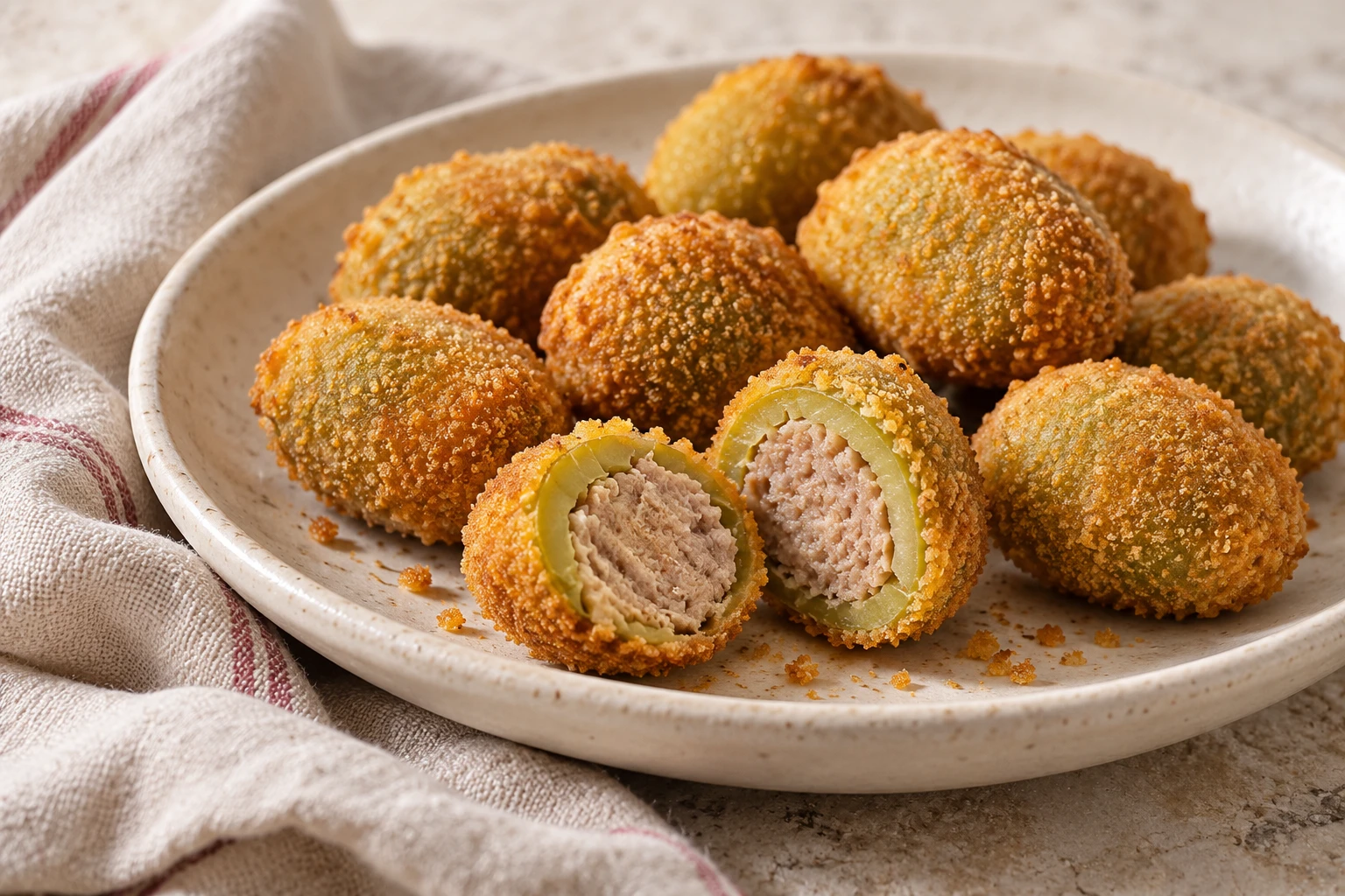 Golden olive all’ascolana, cut open to show the green olive and fine meat filling.